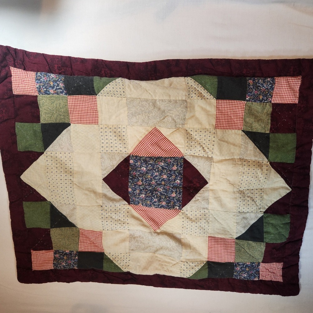 Handmade Patchwork Quilted Pillow Sham Burgundy Green Farmhouse Floral Gingham